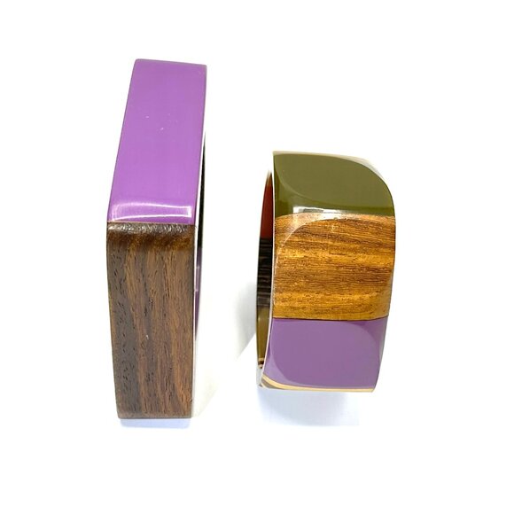 Vintage 1970s Lucite & Wood Bangles — Handcrafted Geometric Bracelets — EUC - Picture 3 of 16